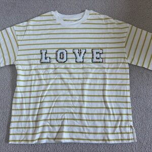 Striped White and Yellow Shirt with 'LOVE' felt and beaded appliqué - Muji tee.